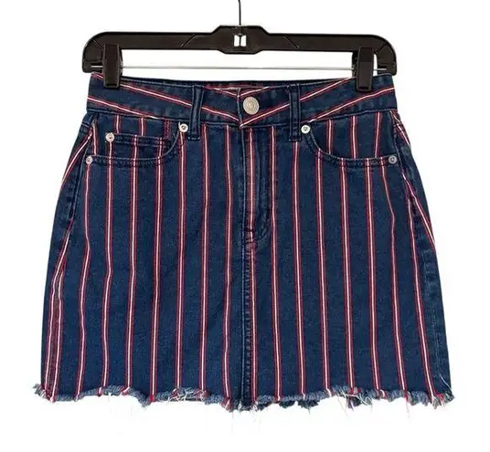 American Eagle  Blue Super Stretch Red & White Striped Mini Jean Skirt, Sz 2
