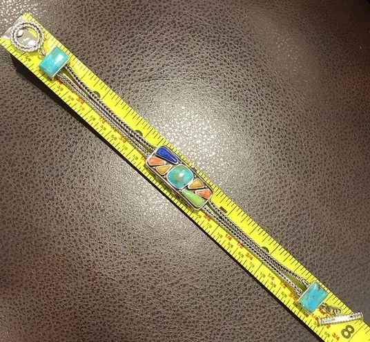 BARSE Sterling Silver Turquoise Coral Lapis Cabochon Thai Weave Toggle Bracelet