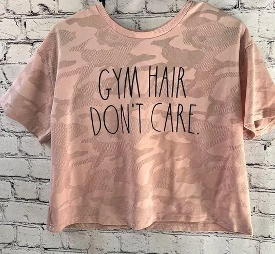 Rae Dunn  Cropped Boxy Active T-Shirt Gym Hair Don’t Care Pink Camo Size Small