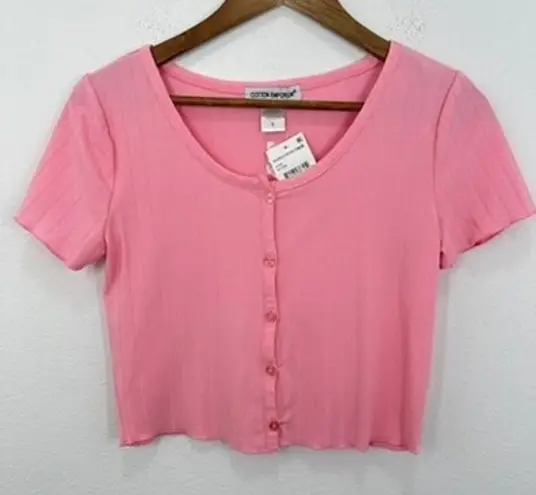 Cotton Emporium Bright Bubblegum Pink Ribbed Button Front Crop Top Size S NWT