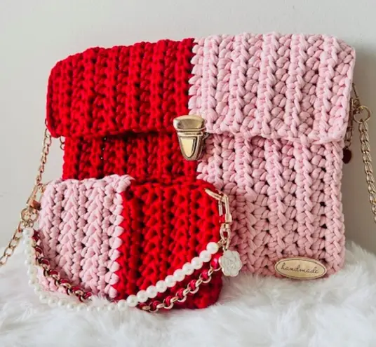 Handmade Red and Pink Crochet Bag Set