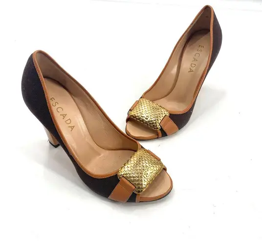 Escada Logo Plate Woven Canvas Brown Peep Toe Pumps Heels Shoes Womens size 38
