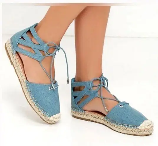 Aquazzura Belgravia Flat Lace Up Espadrilles in Light Denim Blue Size 6