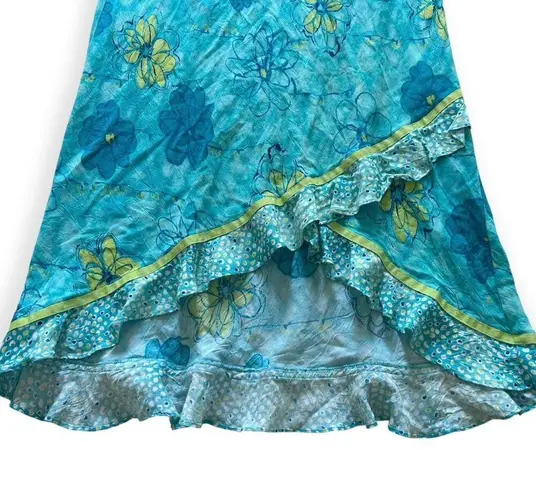 Anne Carson Vintage Y2K Ruffled High Low Slip Skirt Blue Lime Green Floral L