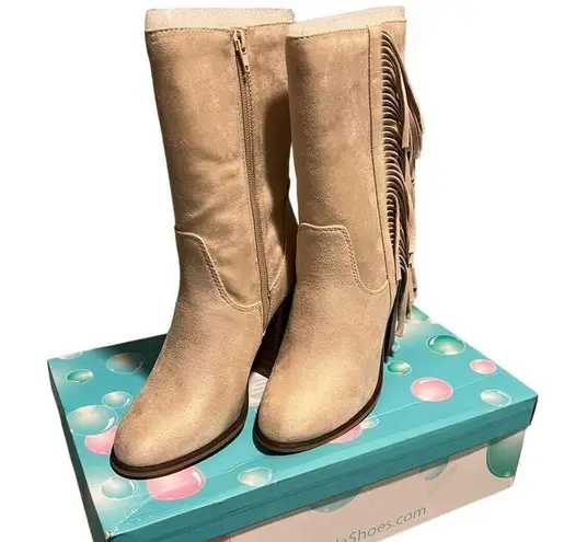 Soda Cowboy Boots Womens 7.5 Nude Tan Faux Suede Side Zip Fringe Calf High NEW