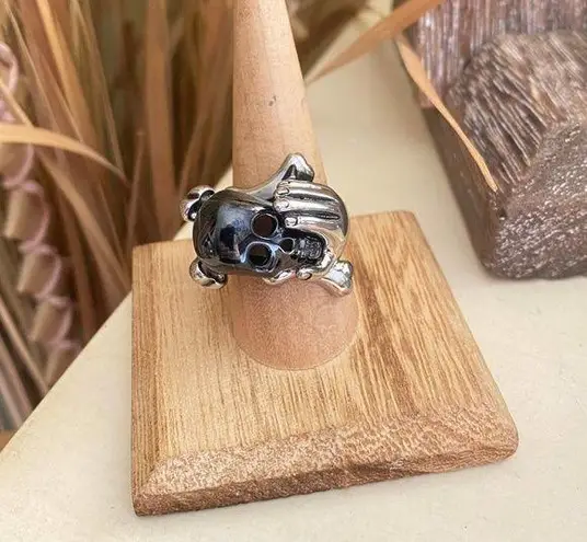 Black Skull In Hand IP Black Stainless Steel Ring With Epoxy Size 10