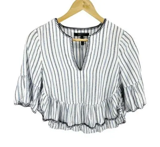 BCBGMAXAZRIA  Blue Striped Ruffle Cropped Blouse Sz XXS Short Sleeved V-neck