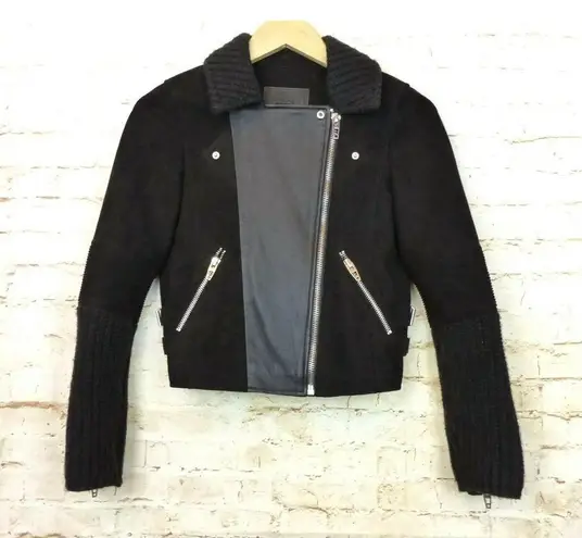 BLANK NYC   Moto Jacket Womens XS Black Faux Suede Real Leather Cable Knit Mixed