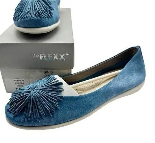 NWB The Flexx Aurora Pom Pom Blue Denim Leather Slip On Flats Womens Size 7.5 M