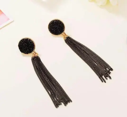 Women's Long Metal Chain Tassel Dangle Drop Earrings Black