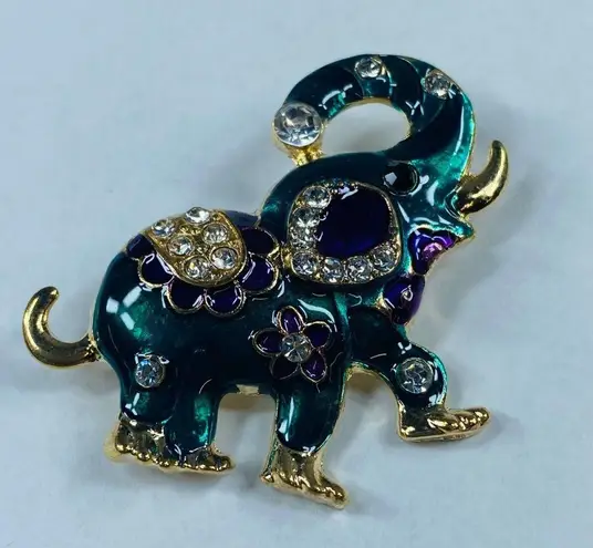 Circus Elephant Trunk Up Brooch Pin Metal Enamel Colorful Rhinestone Accents