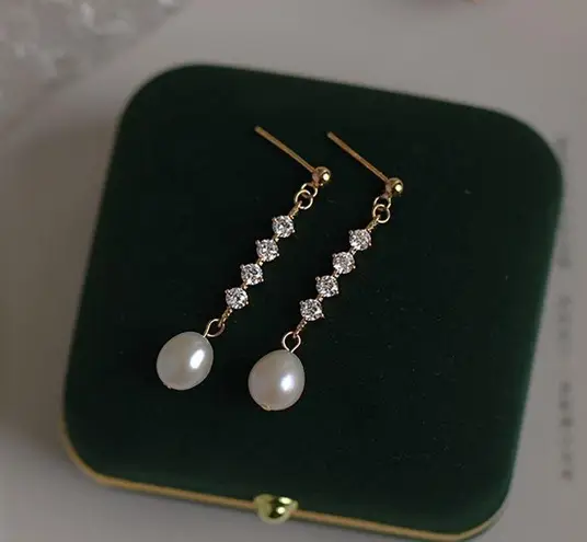 Elegant White Pearl Dangle Drop Earrings for Women,CZ Pearl Earrings Gold