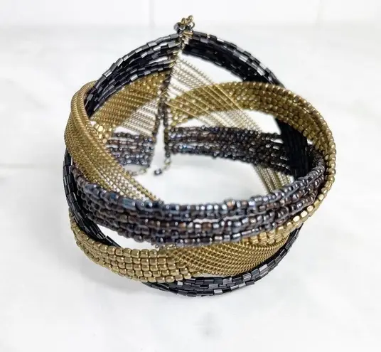 Metallic Tones Criss Cross Beaded Cuff Bracelet