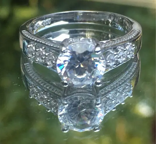 Sterling Silver Solitaire With Accents Cubic Zirconia Engagement Ring, Size 9