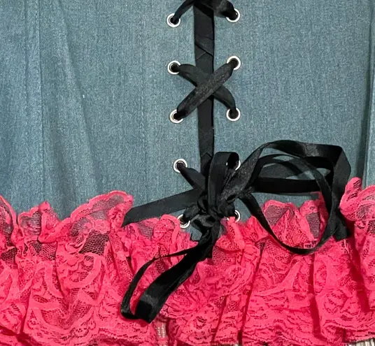 Daisy Corsets NWT Denim With Hot Pink Lace and Bow Trim Corset Black Lace Up Lrg