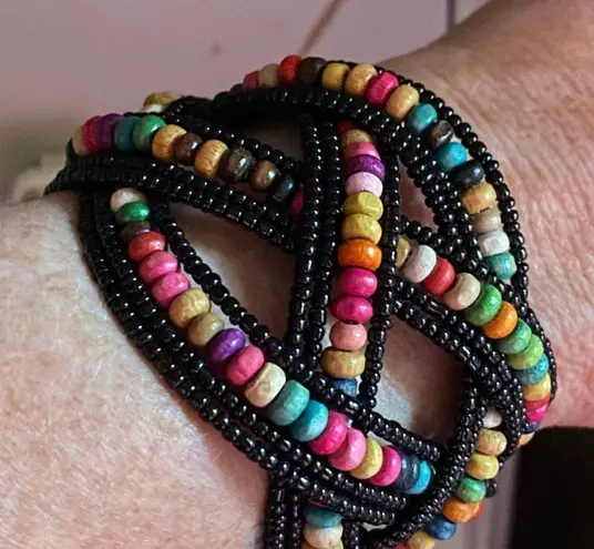 Multi Color Glass Bead & Wooden Beaded Cuff Bracelet Adjustable Multiple