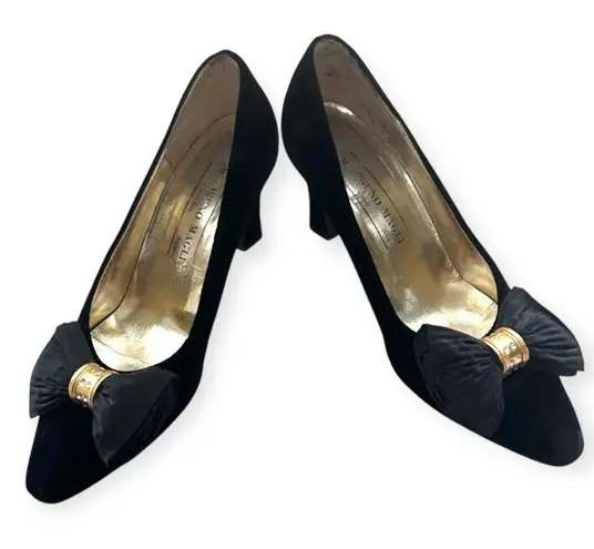 Bruno Magli Size 7.5 B Velvet Bow Pump Heels Vintage Hollywood Glam Eveningwear Black