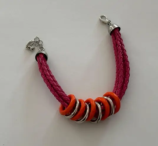 Boho Chic Colorful Bracelet Pink Braided Cords W Orange & Silver Rings