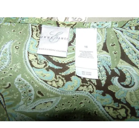 Emma James Vtg Emma James green/brown paisley ruffle neck blouse 16 Whimsy Coquette