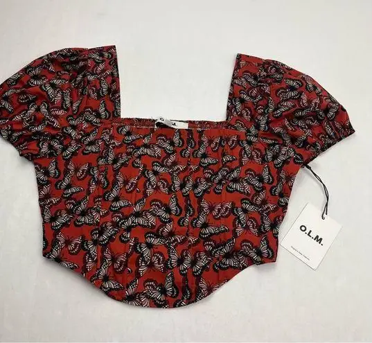 O.L.M. Butterfly Corset Puff Sleeve Cropped Top Red Black Womens Large Fairy NEW