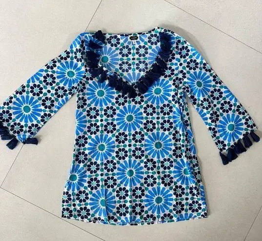 Mud Pie Kendall Pool Tile Blue White Tassle Cover Up Top Pullover, Small 4-6