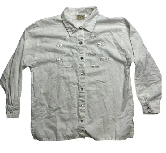 Tuli Spirit of Africa White Embroidered Elephant Long Sleeve Button Up Women XL