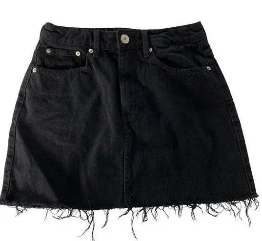 ZARA Skirt Womens Small Black Denim Button Closure Raw Hem Pockets Mini Cotton