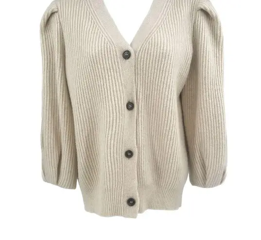 G. Label by GOOP Foster Ribbed Puff Sleeve Cardigan Sweater Ivory Merino Wool