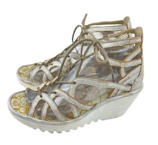 Fly London * Yuke Sandal Womens Size 38 Wedge Strappy Gladiator White Metallic