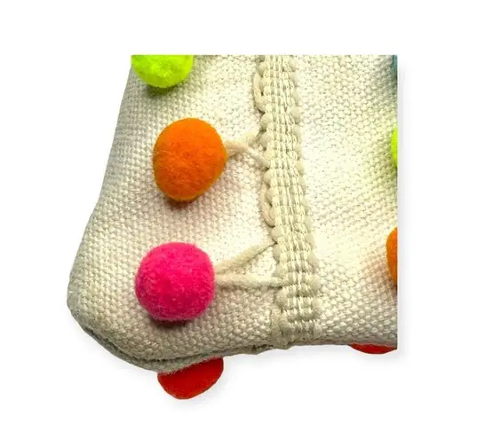 Bari Lynn 𖦹 Neon Pom Pom Wrist Strap Clutch Bag Handbag 𖦹 Canvas White 𖦹 Fun Pink