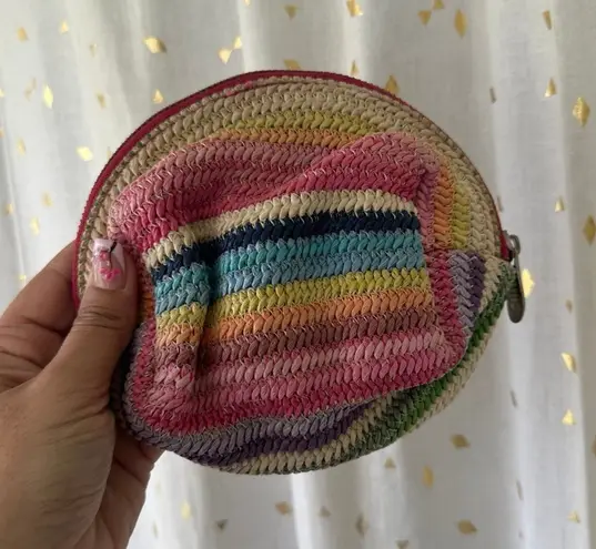 Unbranded Crochet Straw Woven Rainbow Stripe Lined Cosmetic Zipper Pouch