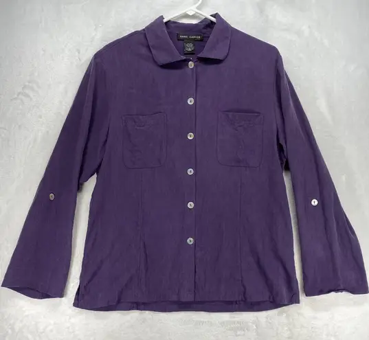 Anne Carson Silk Button Down Top Roll Tab Long Sleeve Purple Size L