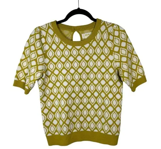 Maeve Anthropologie Harmon Jacquard Yellow Cream Sweater Short Sleeve Size XS