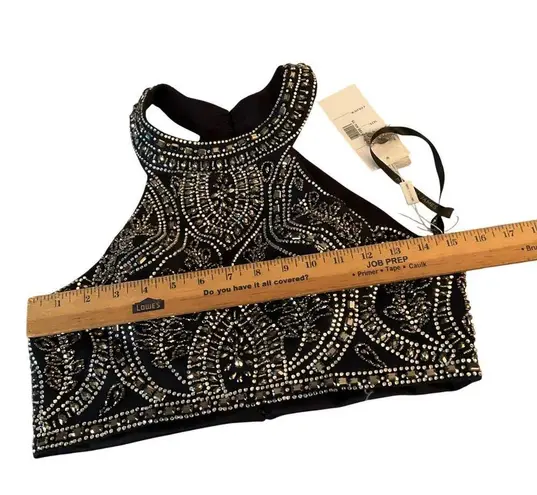 Madison James Navy Beaded Halter Prom Gown With Open Back Size 10 long 2 piece