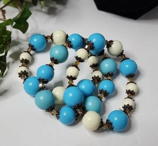 Set of 3 Stretch Bracelets Turquoise & Ivory Color Beads Blue