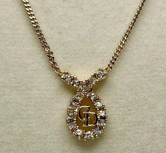 Christian Dior Vintage Crystal Ribbon CD Pendant Necklace