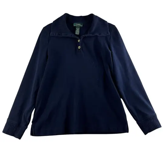 Lauren Ralph Lauren Medium M 1/4 Button Cotton Sweater Navy Blue LRL Women's