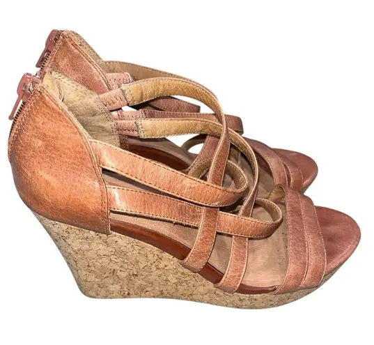 Miz Mooz Brown Leather Kiara Cork Wedge Espadrille Sandals Shoes size 8.5