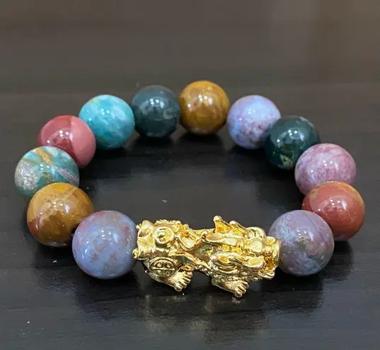 Handmade Natural Agate Multicolored Stone Pi Xiu Fengshui Lucky Stretch Bracelet