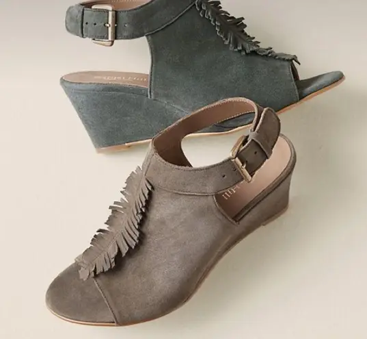 Garnet Hill Carmella Tan Suede Fringe Wedges Sandals Shoes S-009 Sz 8