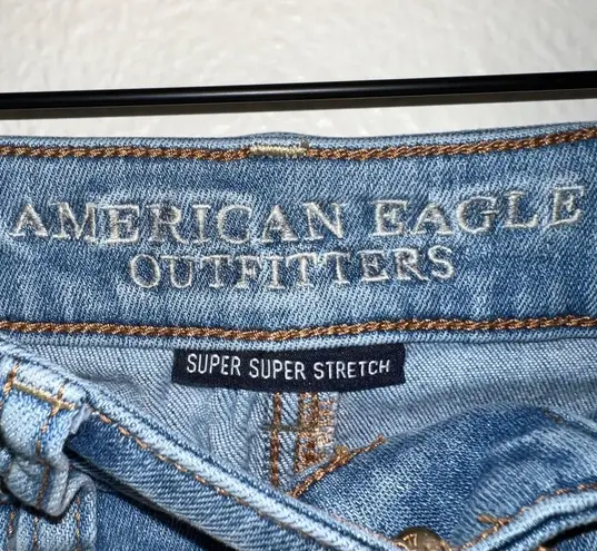 American Eagle AE Light Wash Denim Super Super Stretch Hi Rise Shortie Shorts