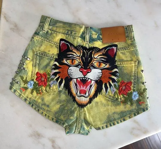 Gucci  Washed Studded And Tiger Embroidered Denim Shorts in Green/Yellow