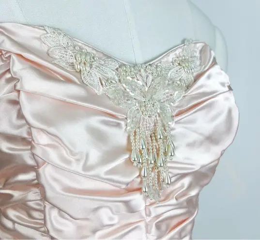 Vintage 90’s Strapless Satin Corset Mini Dress with Lace Ruffle Skirt | Size XS Pink