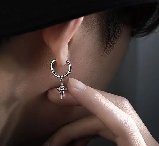 Star Dangle Drop Earrings for Men Women,Personality Punk Hip Hop Earrings Silver
