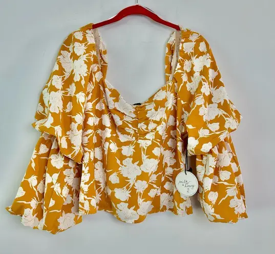 Milk & Honey|Dark Mustard Yellow Floral Ruffle Sleeve Top sz Large NWT