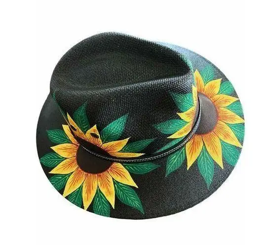 MEXICAN Artisanal Hat Hand Painted Fedora Sunflower Sombrero Panama Medium Black