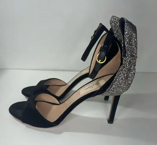 Valentino Garavani Black Velvet Sparkle Bow Strappy Heeled Sandal