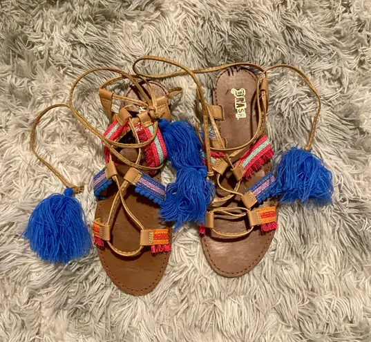 Brash Women’s Strappy Woven Pom Pom Wrap Around Sandal Multi-Color Size 9.5