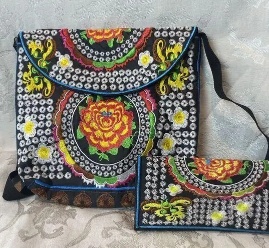 Embroidered Boho Artsy Festival Shoulder Bag & Wallet Set