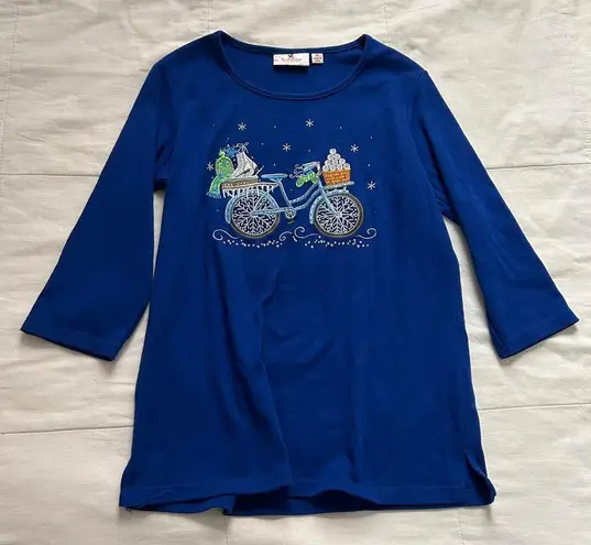 Blue Quacker Factory blue 3/4 length sleeve tee wintery bicycle design Size XS